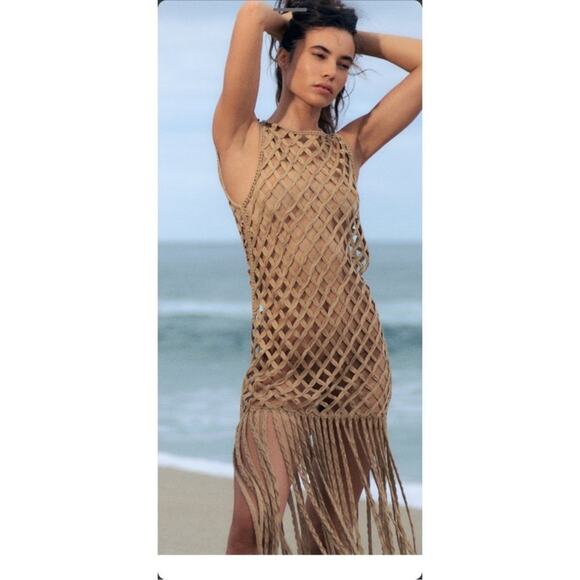 Zara Other - ZARA WOMEN MESH DRESS WITH FRING BEACH COVERUP Tan Crochet Small